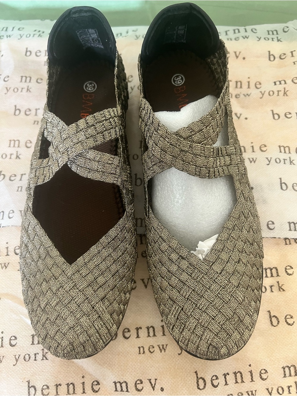 bernie mev. Woven Cross-Strap Flats in Taupe Metallic